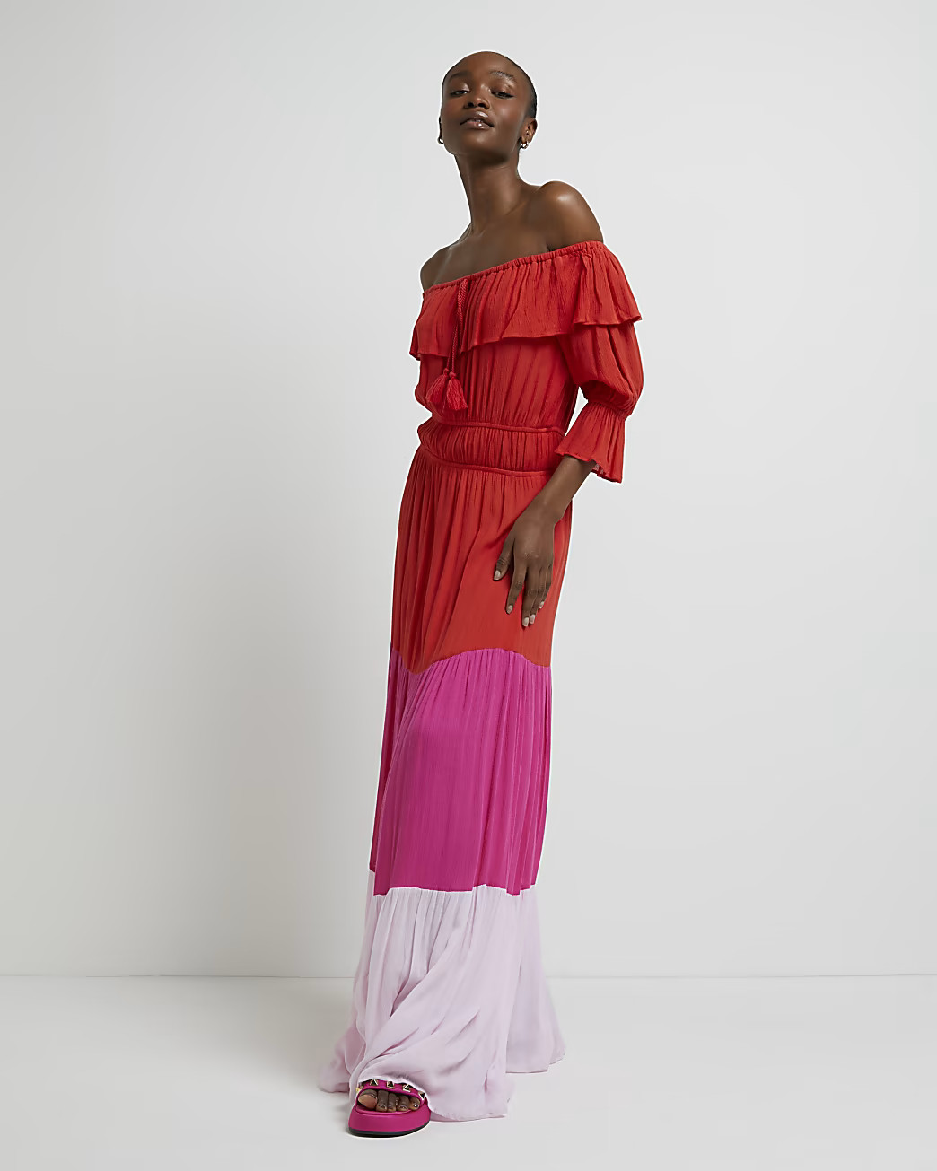 Pink colour block bardot maxi dress | River Island (UK & IE)