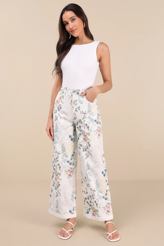 Garden Cutie Ivory Floral Cotton Twill High-Rise Pants | Lulus