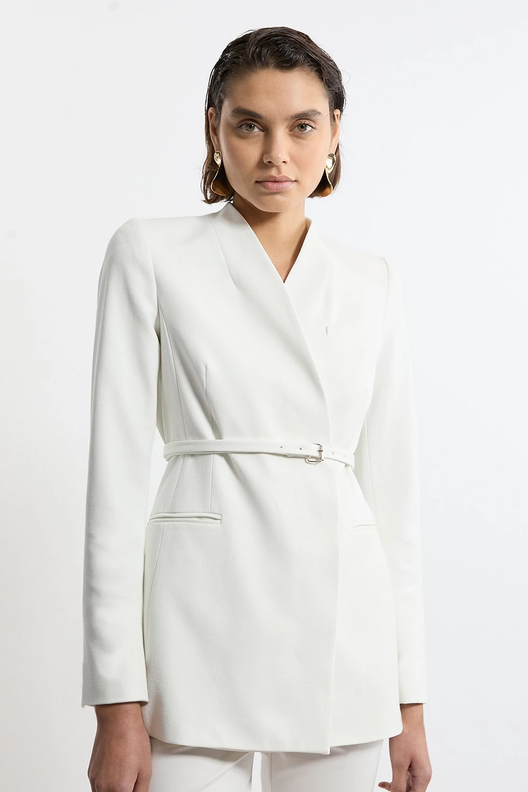 Structured Crepe Tailored Collarless Belted Blazer | Karen Millen UK + IE + DE + NL