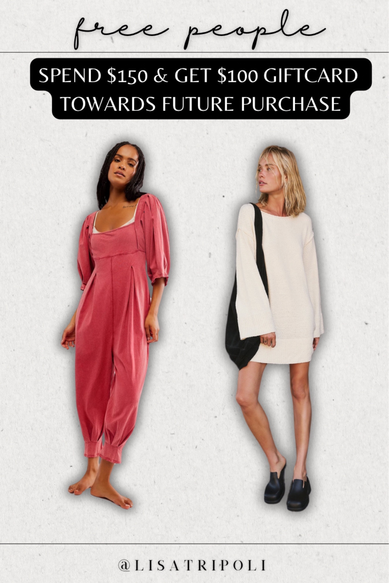 Free People
Spend $150 and get $100 gift card towards a future purchase  
jumpsuit | sweater dress | pullover | romper | cardigan | holiday outfits | Christmas outfit

#LTKstyletip #LTKHoliday