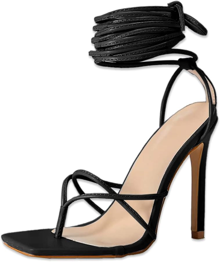 PiePieBuy Women's Lace Up Heeled Sandals Square Flip Flop High Heels Strappy Party Shoes | Amazon (US)