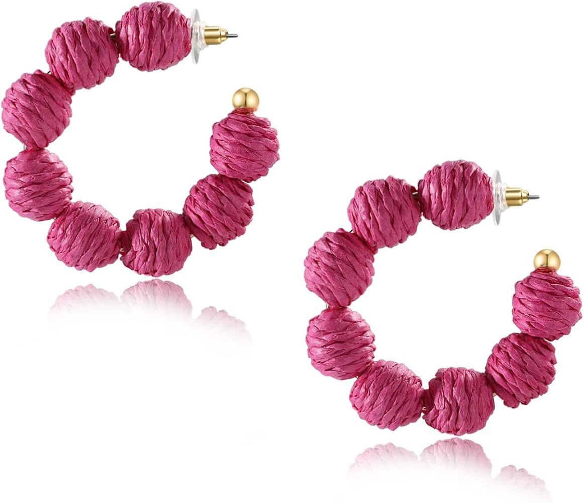 Rattan Earrings Summer Boho Raffia Ball Hoop Dangle Earrings for Women Girls Lightweight Straw Wi... | Amazon (US)
