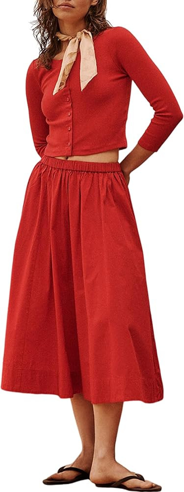 Womens Skirt Sets Long Sleeve Button Down Cardigan Elastic Waist Dress Midi Skirt Fashion Clothes | Amazon (US)