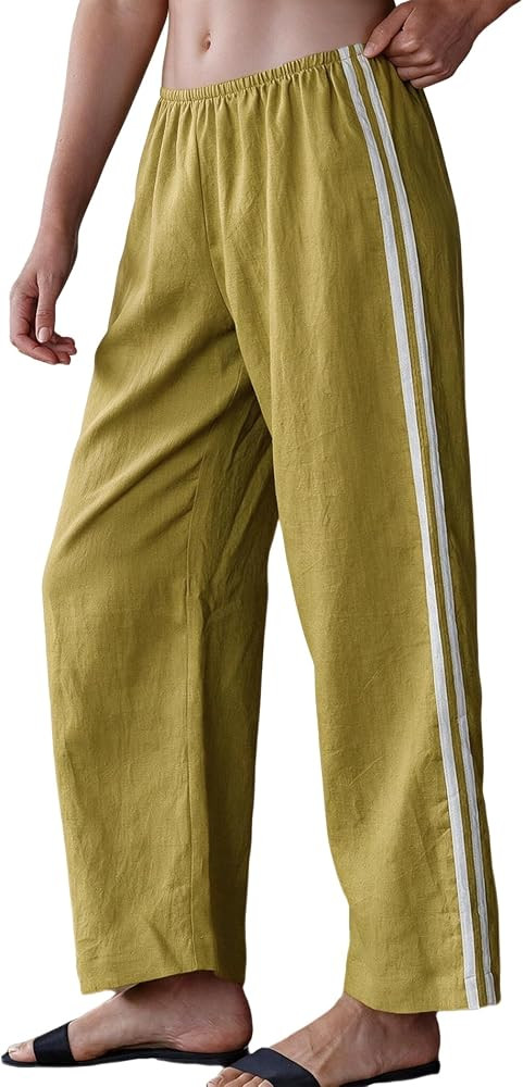 Womens Cropped Striped Linen Pants Summer Casual Wide Leg Pants Elastic Waist Beach Vacation Loun... | Amazon (US)