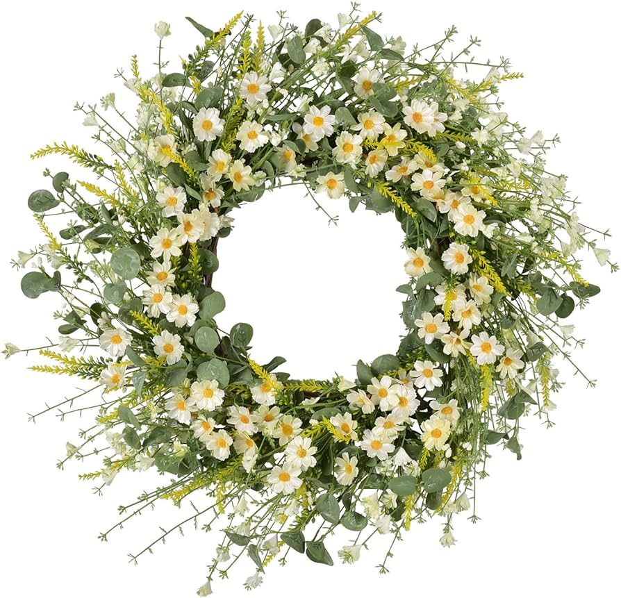 24 Inches Artificial Daisy Flower Wreath with Eucalyptus Leave Silk Flower White Berries Spring S... | Amazon (US)