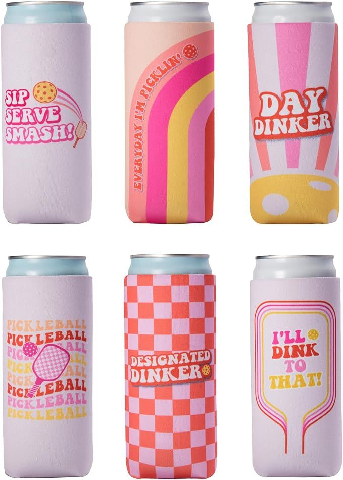 Funny Pickleball Gifts for Women I Pickleball Themed Slim Can Coolers Set (6 Pack) I Girly & Tren... | Amazon (US)