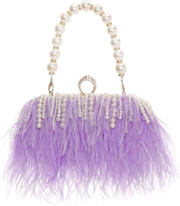 Women Real Natural Ostrich Feather Evening Bags Purses Clutch Vintage Banquet Handbag | Amazon (US)