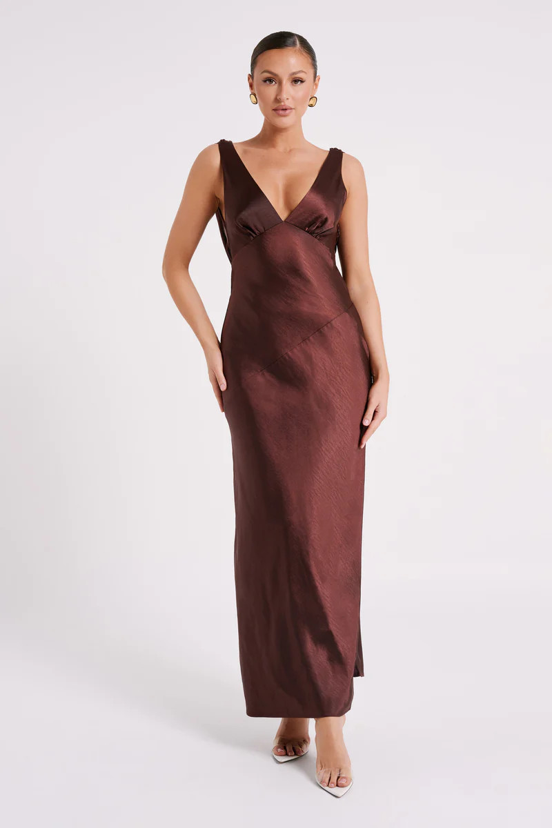 Nadia Maxi Satin Dress With Back Cowl - Dark Chocolate | MESHKI US