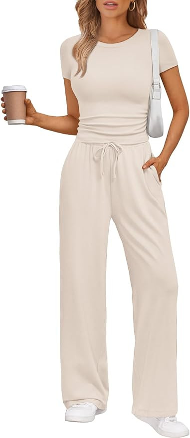 Trendy Queen 2 Piece Matching Summer Sweatsuit Lounge Set Womens Wide Leg Pants Side Ruching Crop... | Amazon (US)