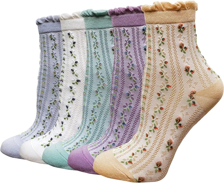 DXYAKY 5 Pairs Womens Floral Cotton Socks Vintage Patterned Crew Socks Novelty Ankle Ruffled Warm... | Amazon (US)