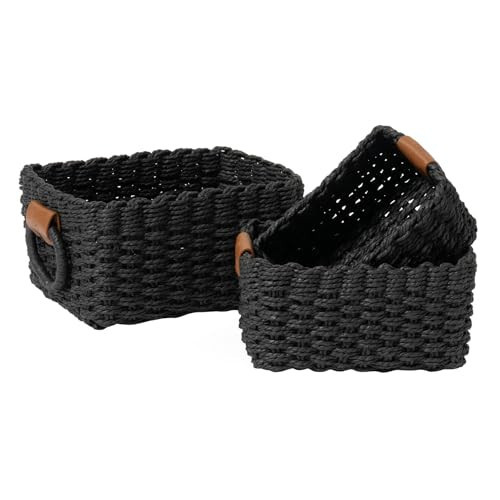 LA JOLIE MUSE Small Wicker Baskets for Organizing, Recycled Paper Rope Storage Basket Container Bins for Shelves Bathroom Cupboards Drawer, Decorative Square Basket Organizer Set of 3, Black | Amazon (US)