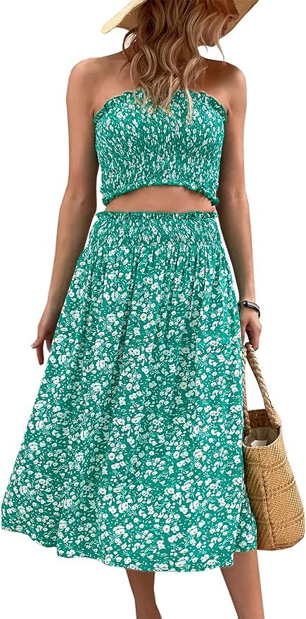 Angashion Women's Floral Crop Top Maxi Skirts Set 2 Piece Outfit Dress | Amazon (US)