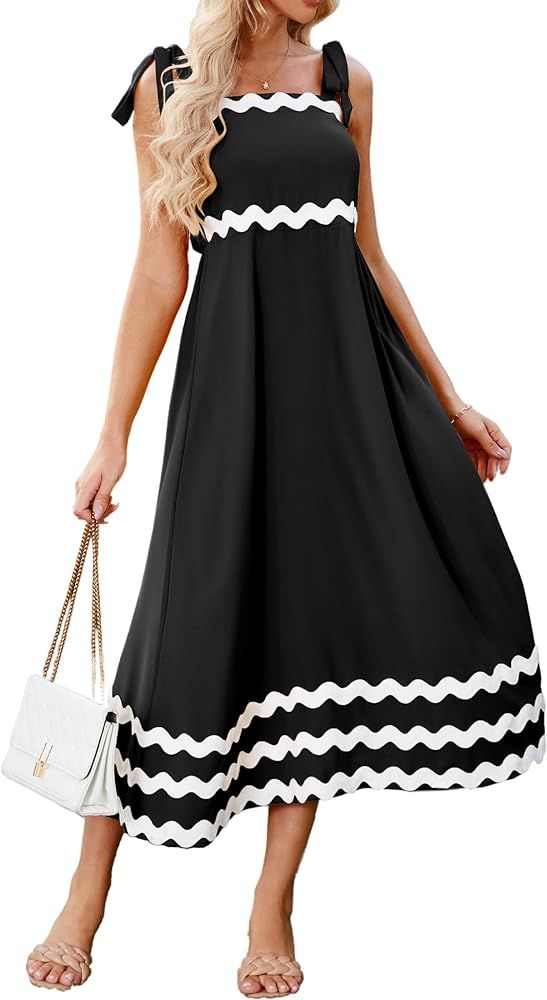 ECOWISH Women Sleeveless Maxi Dress: Summer Spaghetti Strap Shoulder Tie Square Neck Casual High ... | Amazon (US)