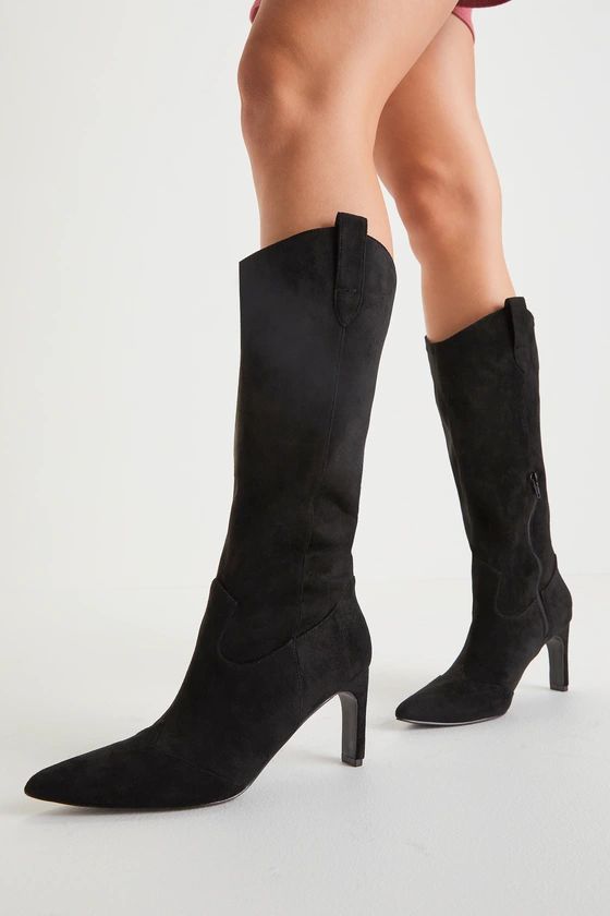 Emberly Black Suede Blade Heel Knee-High Western Boots | Lulus (US)