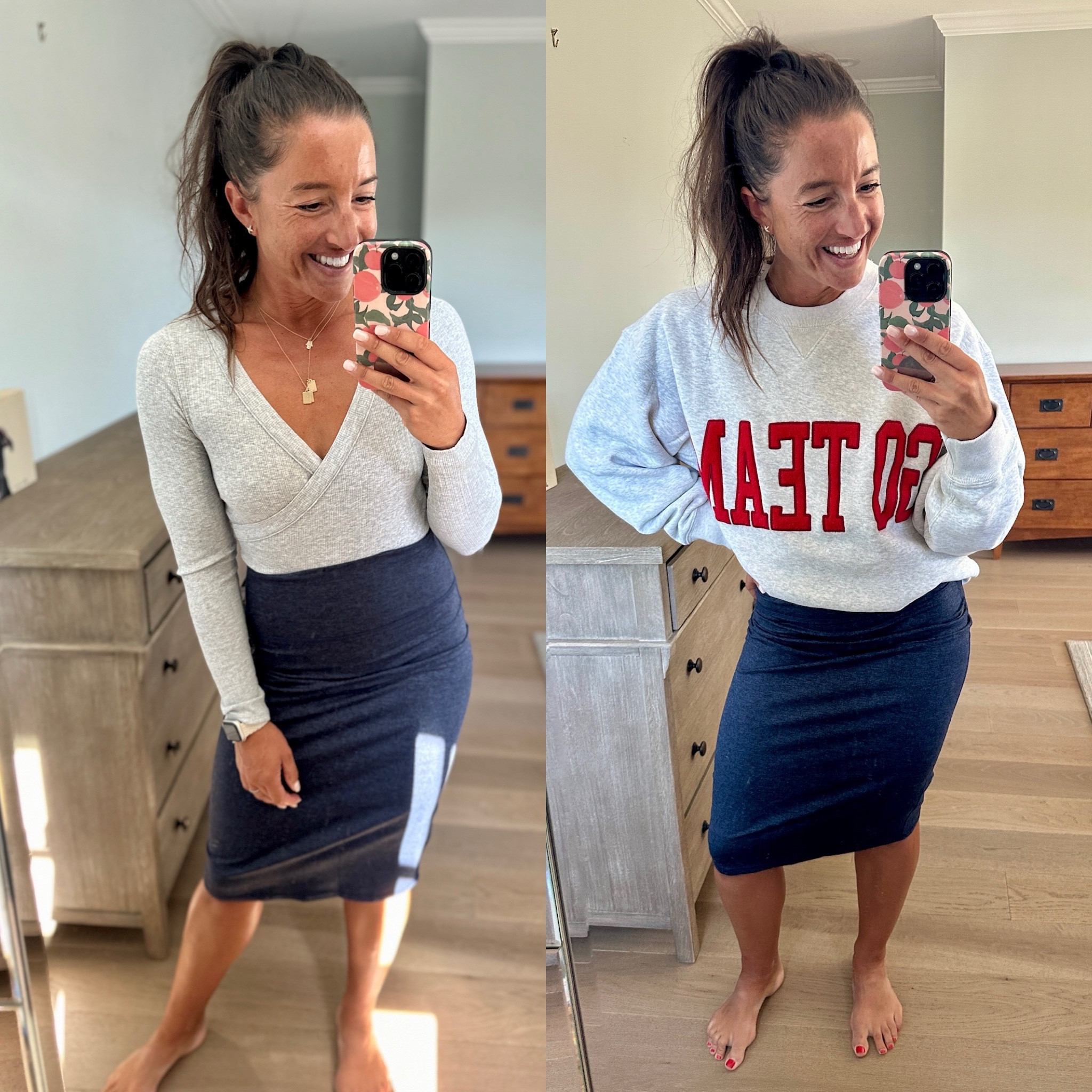 Here's a versatile look that transitions smoothly from a casual day out to a cozy evening. On the left, the sleek Aerie skirt pairs with a fitted wrap top for a chic daytime ensemble—perfect for a brunch or office meeting. Switch to the right, and the same skirt teams up with an Abercrombie "GO TEAM" sweatshirt for a relaxed, sporty vibe, ideal for cheering on your favorite team or a casual hangout. Two styles, one skirt—effortlessly taking you through your day with style and comfort. #AerieStyle #AbercrombieFits #VersatileFashion

#LTKSeasonal #LTKActive #LTKStyleTip