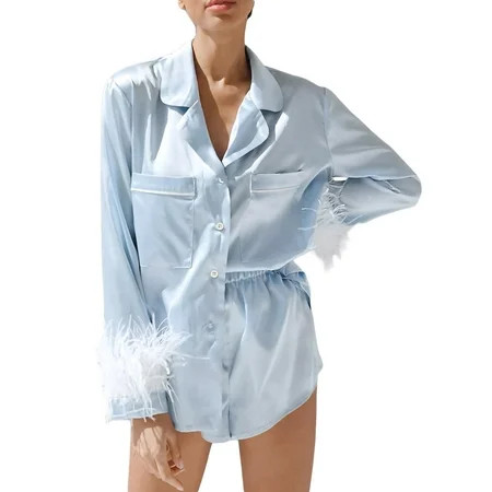 Inevnen Women Satin Feather Sleeve Pajamas Set Button Down Long Sleeve Sleepwear Silk Shorts 2Pcs Ni | Walmart (US)