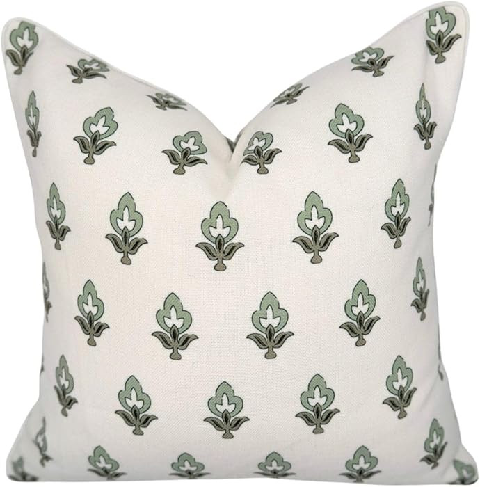 “The Poppy” Floral Block Print Pillow Cover – Green Leaf Decorative Festive Throw Pillow Co... | Amazon (US)
