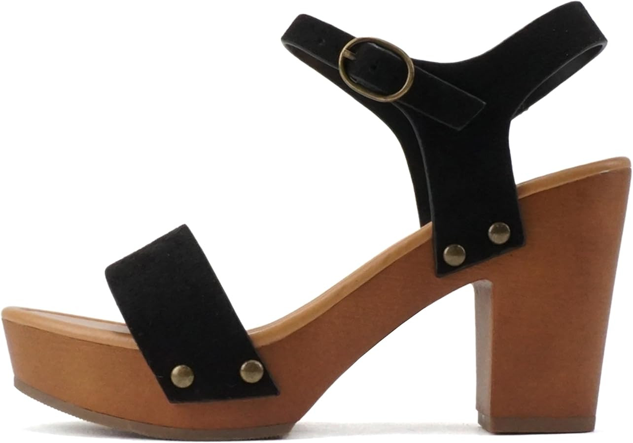 Soda CHIVAS ~ Women's Bold Buckles Studded Wedge Sandal | Amazon (US)