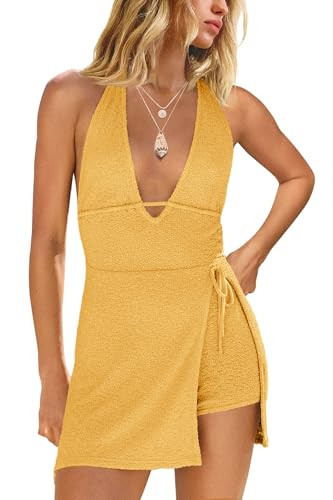 Yanekop Womens Romper Dress with Shorts Underneath Summer Short Jumpsuits Open Back Sexy Beach Vacation Dresses(Bright Yellow,XS) | Amazon (US)