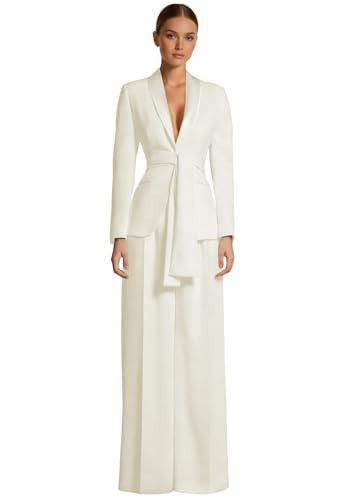 2 Piece Belted Blazer Pants Set Long Sleeve Dressy Elegant Formal Womens Plus Size Wedding Guest Prom Tuxedo Set Ivory | Amazon (US)