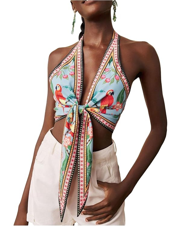 Floerns Women's Summer Floral Halter Tops Tie Front Backless Beach Vacation Crop Tops | Amazon (US)