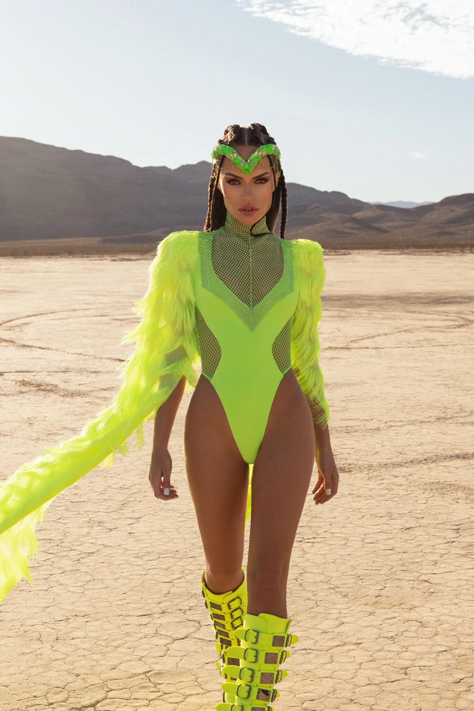 Neon Green Rhinestone Tassel Festival Bodysuit with Fur Sleeves - Burning Man Rave Outfit - Festi... | Etsy (Global)