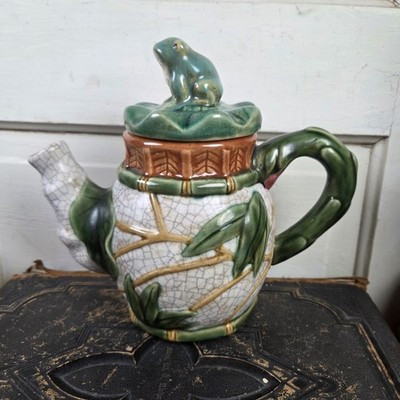 Vtg Majolica Frog Teapot Stoneware Toad Lily Pad Bamboo Crackle Patina | eBay US