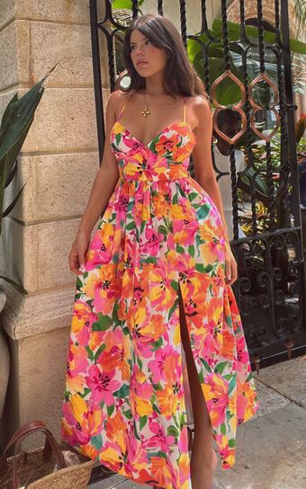 Shairah Midi Dress - Cross Back Gathered Sweetheart Dress in Bloom | Showpo (US, UK & Europe)