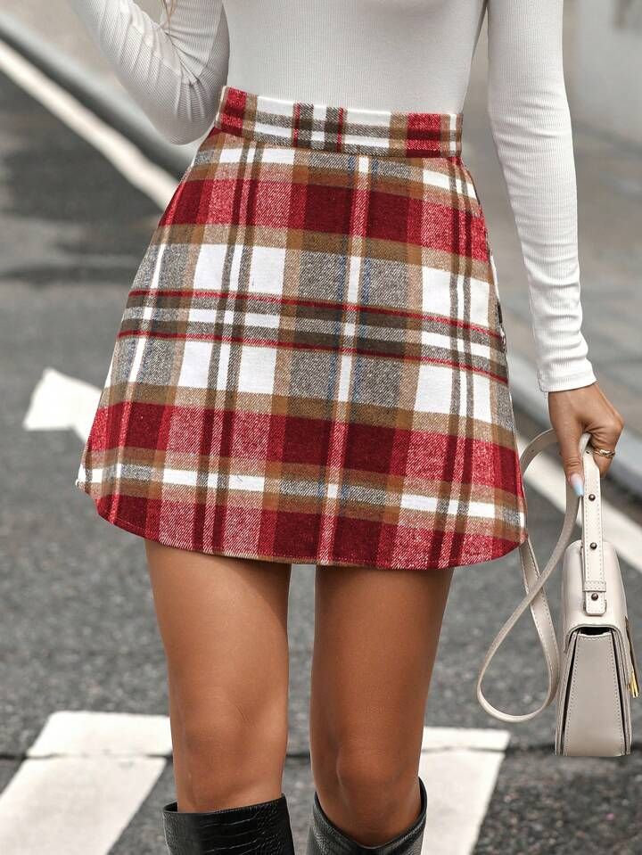SHEIN LUNE High Waist Plaid Skirt | SHEIN