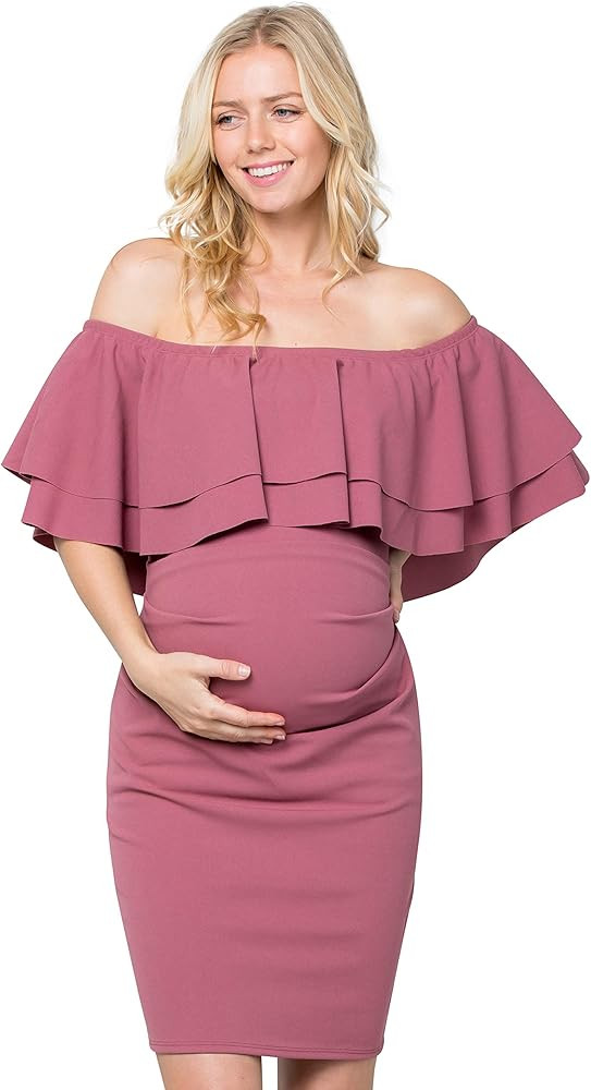 My Bump Double Layer Ruffle Maternity Dress-Fitted Off-Shoulder Baby Shower Pregnancy | Amazon (US)