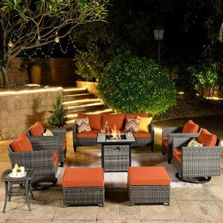New Vultures Gray 9-Piece Wicker Patio Fire Pit Conversation Set with Orange Red Cushions and Swivel Rocking Chairs | The Home Depot