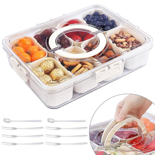 DWWPOO Divided Serving Tray with Lid and Handle Snackle Box Container Travel Snack Box Organizer for Adults and Kids Fruit Veggie Candy Nuts and Charcuterie Boxes Tray Entertaining | Amazon (US)