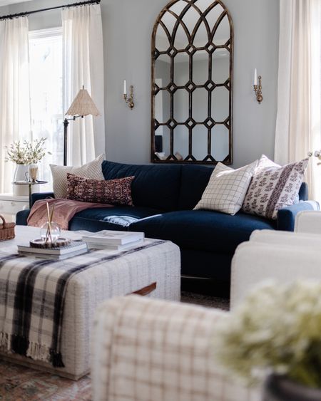 Living room decor, McKay ottoman,  navy sofa, target slipcover chairs, studio McGee, amber interiors 