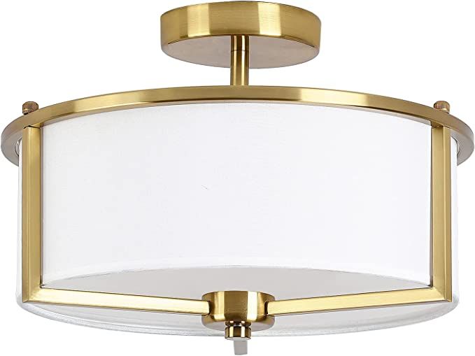 Semi Flush Mount Ceiling Light,13-inch Drum Ceiling Light Fixture,Antique Brass Finish with Fabri... | Amazon (US)