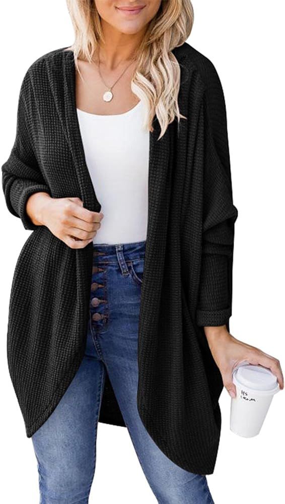SYZRI Women's Waffle Knit Batwing Long Sleeve Cardigan Oversized Open Front Sweater with Pockets | Amazon (US)