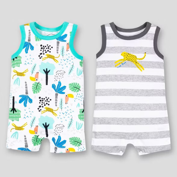 Lamaze Baby Boys' 2pk Cheetah Striped Sleeveless Organic Cotton Romper - Aqua/White/Gray | Target