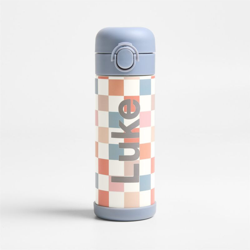 Pink and Blue Checkerboard Insulated Stainless Steel Kids Water Bottle with Straw and Leak-Proof ... | Crate & Barrel