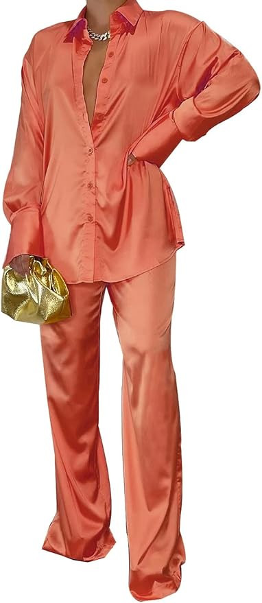 Womens Silk Satin 2 Piece Outfit Long Sleeve Lapel Button Down Tops Wide Leg Palazzo Loungewear P... | Amazon (US)