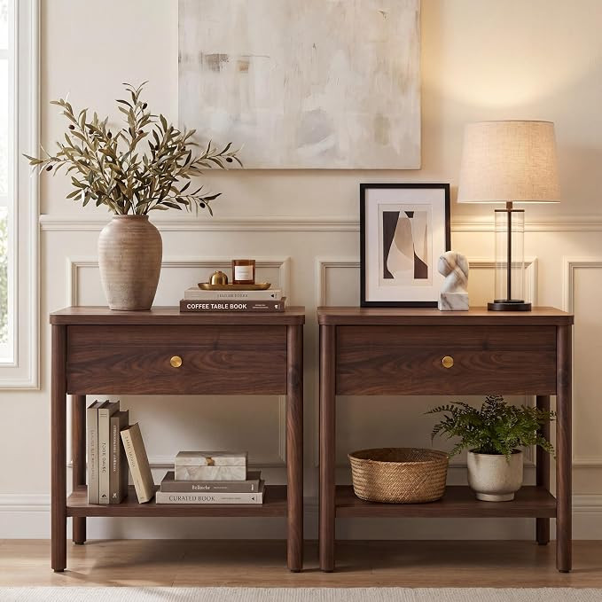 VividVibe End Table with Drawer, Brown Walnut Nightstands Set 2 Bedside Table Large Side Table Be... | Amazon (US)