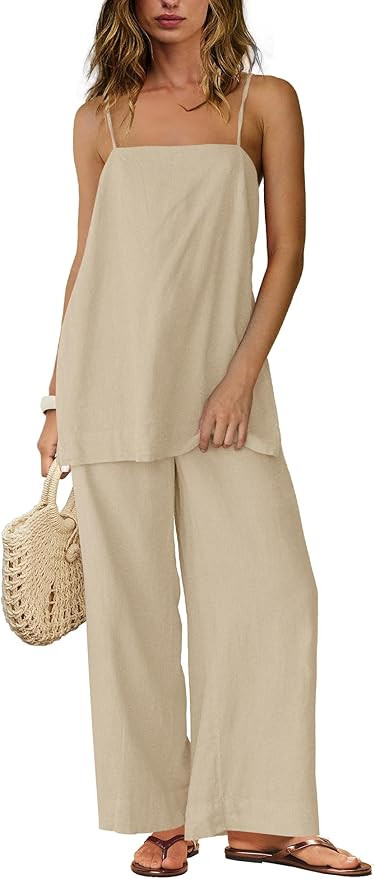 SENSERISE Linen Sets for Women 2 Piece Set Summer Beach Vacation Outfits Spaghetti Strap Tank Top... | Amazon (US)
