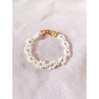 Daisy Beaded Bracelet, White Gold Flower Pearl Bracelet | Etsy (US)