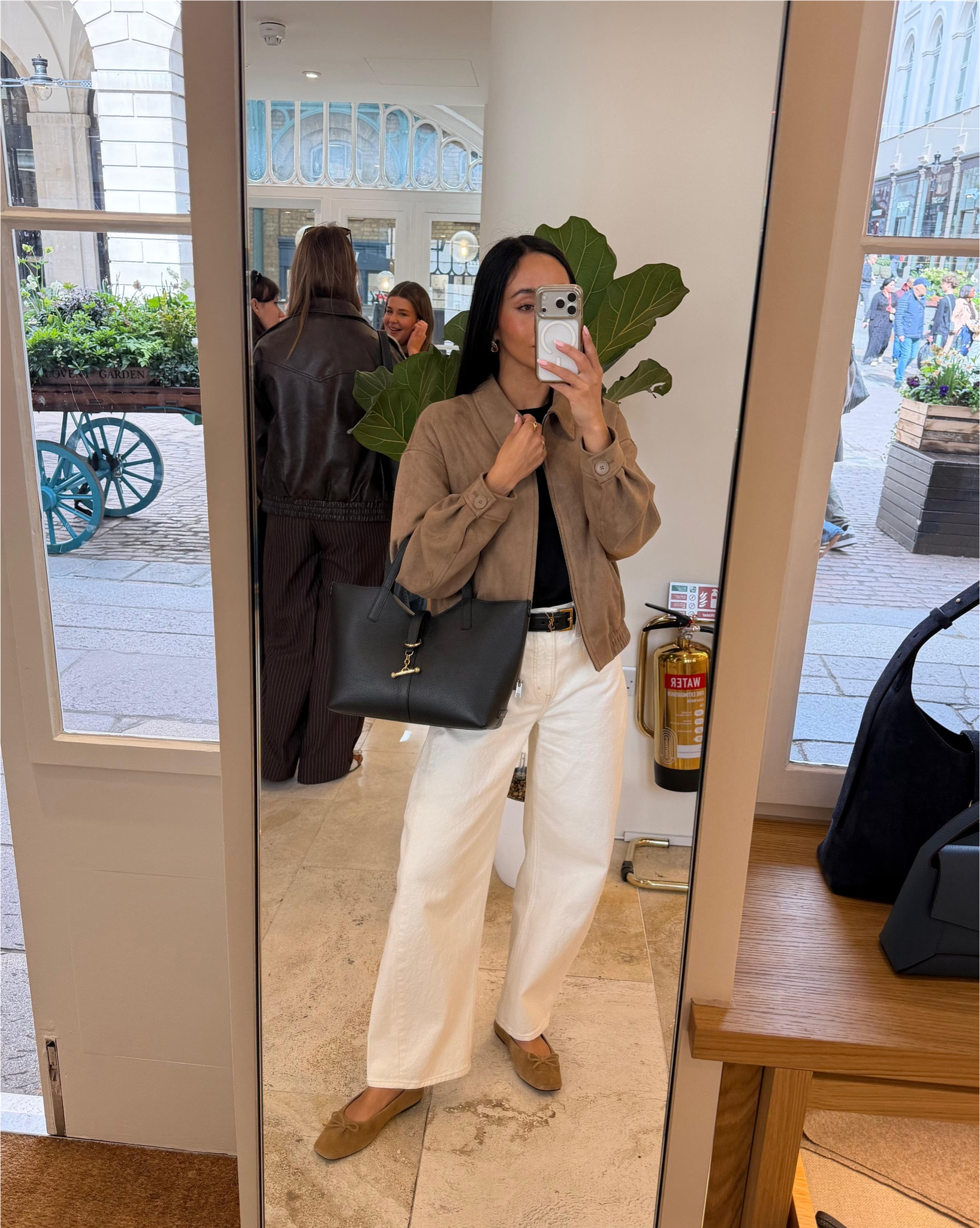 OOTD for some spring shopping in Strathberry’s new London store 🛍️ suede jacket, white denim barrel jeans, tan suede ballet flats and black leather accessories

#LTKstyletip #LTKspring #LTKjeans