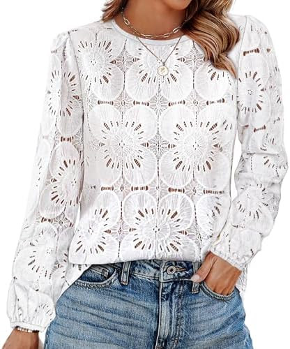 OFEEFAN Blouses for Women Dressy Casual Spring Tops 2026 Summer Outfits Flower Lace Crochet Long ... | Amazon (US)