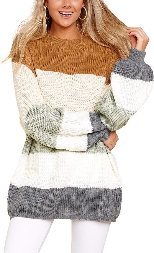Relipop Women’s Pullover Jumper Crewneck Drop Shoulder Lantern Sleeve Color Block Textured Knit... | Amazon (US)