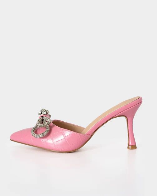 Ophelia Croc Embossed Crystal Embellished Bow Mule Heels - Pink | VICI Collection