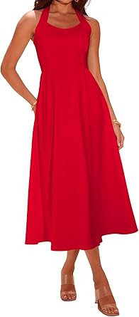 YUNDAI Women’s Halter Neck Midi Dress with Pocket Backless Tie Waist Sleeveless Summer Casual D... | Amazon (US)