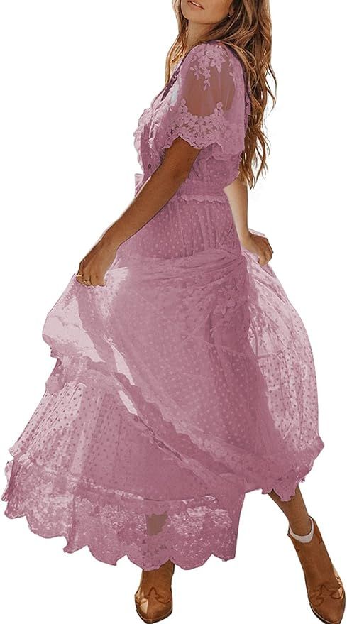 Amazon.com: Bdcoco Women's V Neck Button Down Floral Lace Maxi Dress Casual Short Sleeve Boho Flo... | Amazon (US)