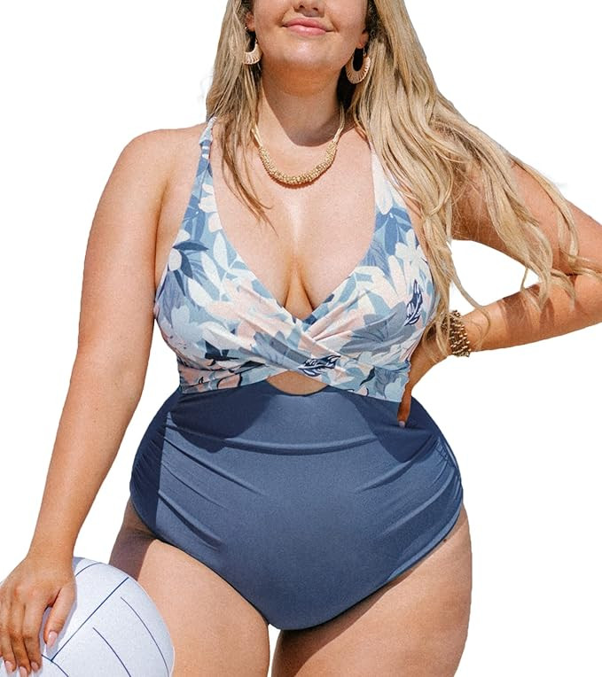 CUPSHE Women's Plus Size One Piece Swimsuit Tropical Crisscross Back Tie Ruched Bathing Suit | Amazon (US)