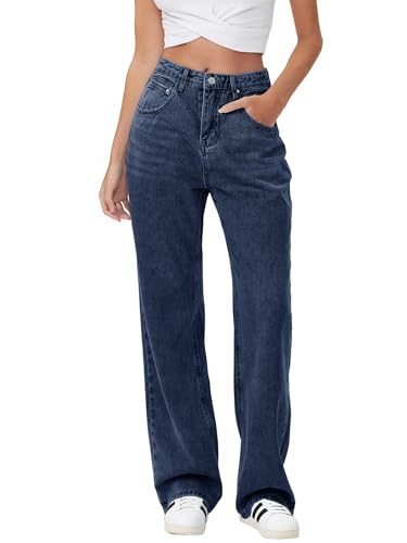 HDLTE Baggy Stretchy Jeans for Women High Waisted Trendy Wide Leg Jeans Boyfriend Denim Pants with Patch Pockets(Dark Blue,Medium) | Amazon (US)
