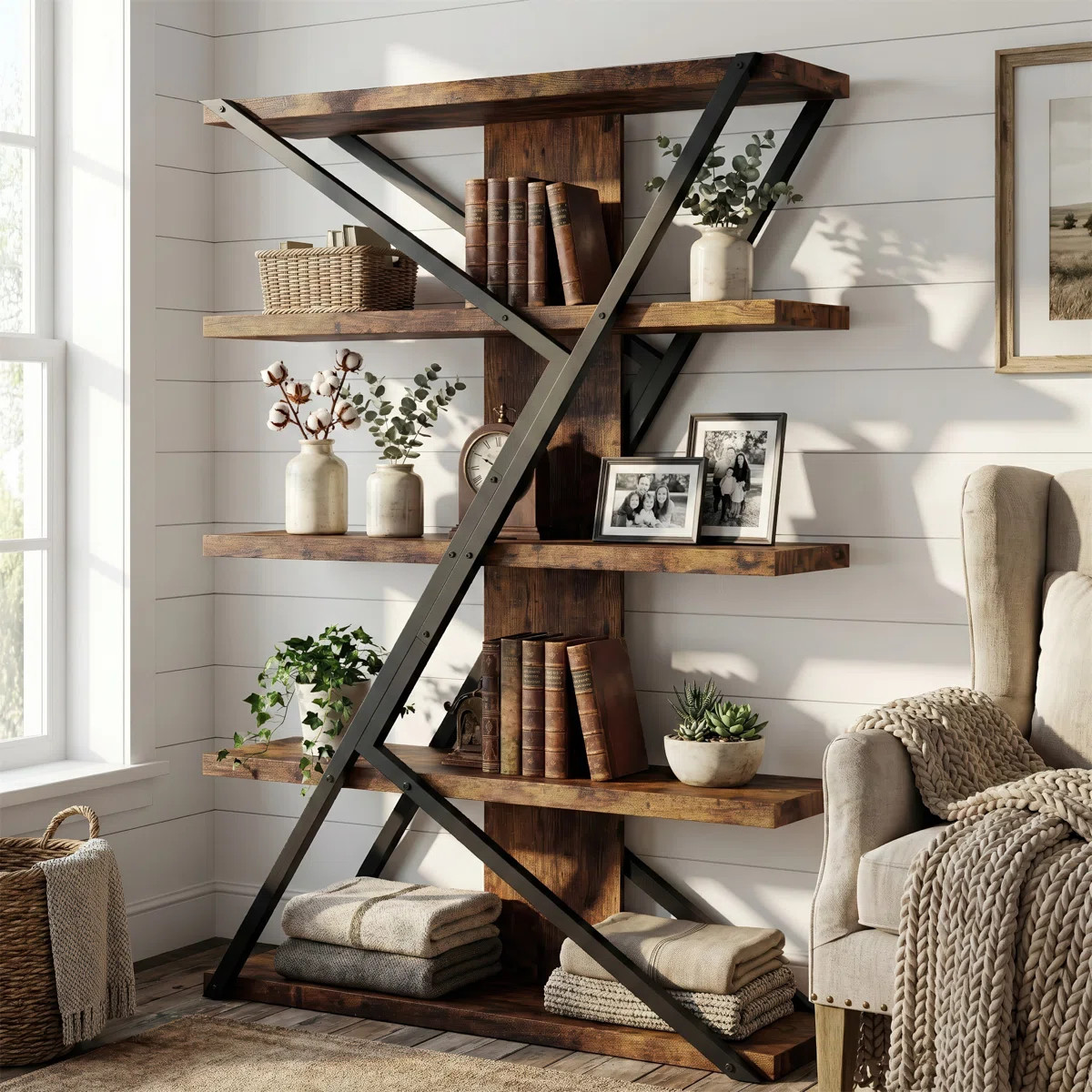 5-tier Wooden And Metal Frame Bookshelf,vintage Industrial Modern Style Tall Bookcase,67 "h X67" ... | Wayfair North America